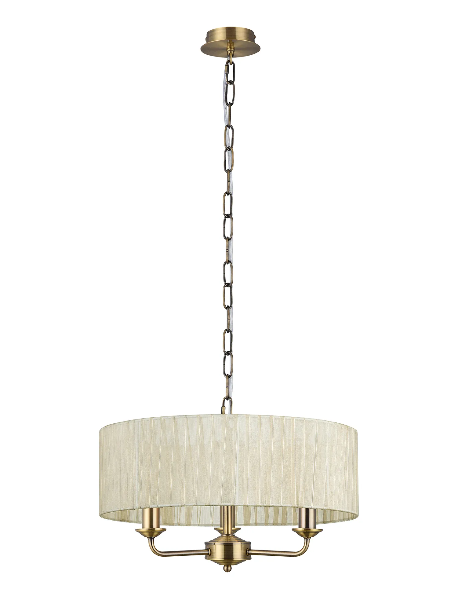 Banyan 3 Light Multi Arm Pendant With 45cm x 15cm Organza Shade Antique Brass/Cream DK0865  Deco Banyan AB CR